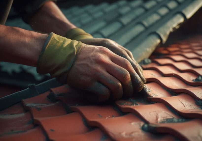 Construction worker tile roofing repair. Generative Ai